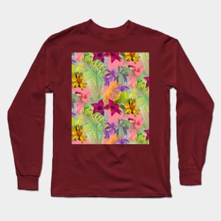 Elegant tropical flowers and leaves pattern floral illustration, pink tropical pattern over a Long Sleeve T-Shirt
